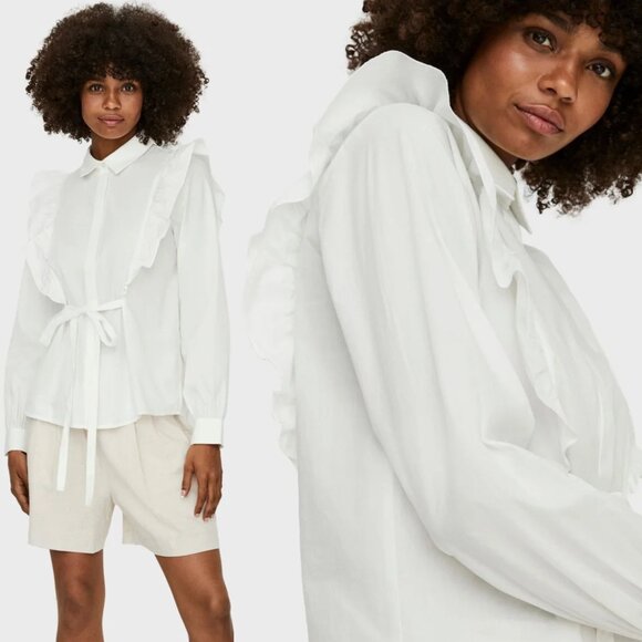 Vero Moda cotton ruffle wrap ties adjustable white statement blouse top medium - Picture 1 of 6